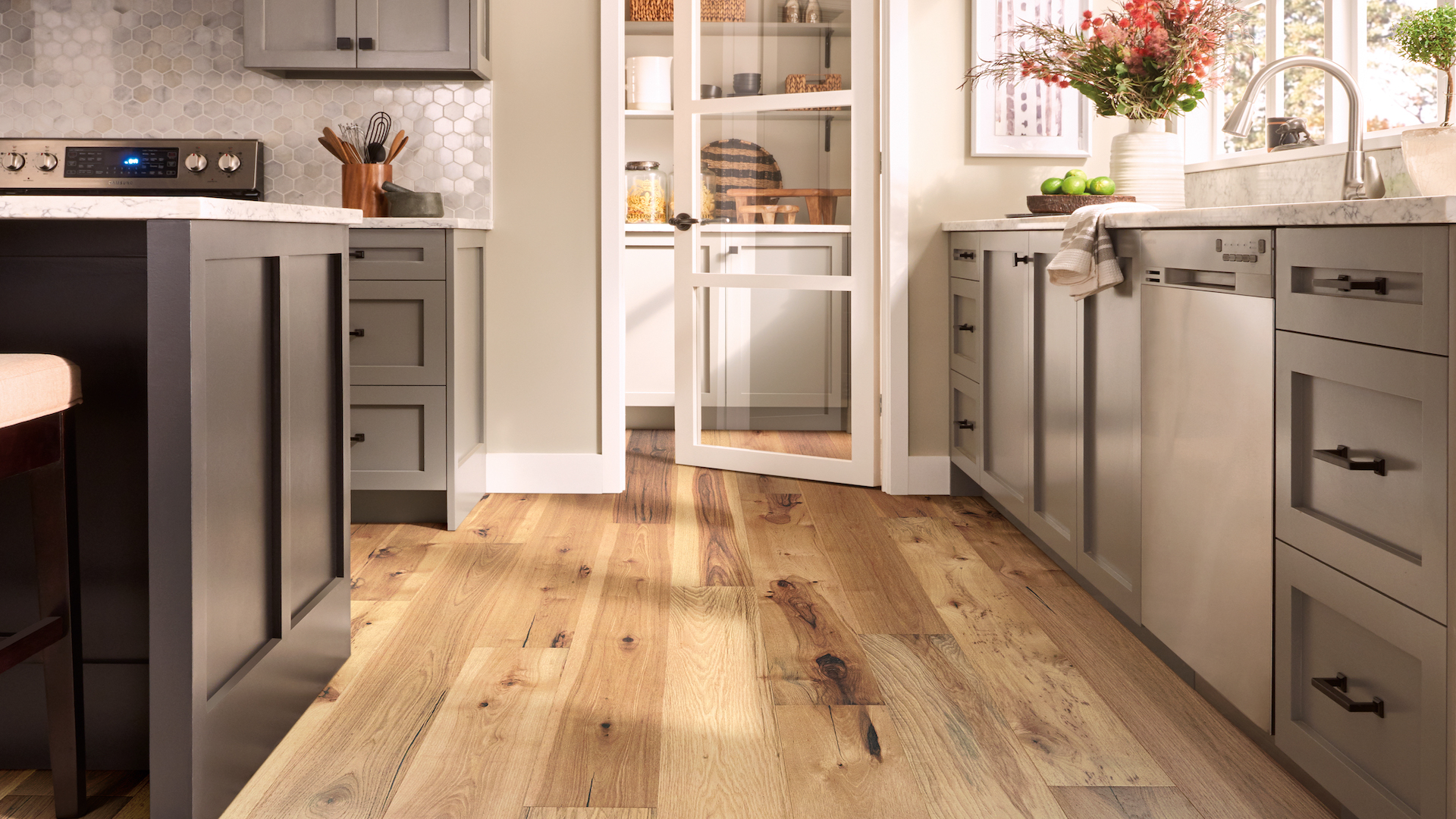 hardwood flooring in a bright kitchen