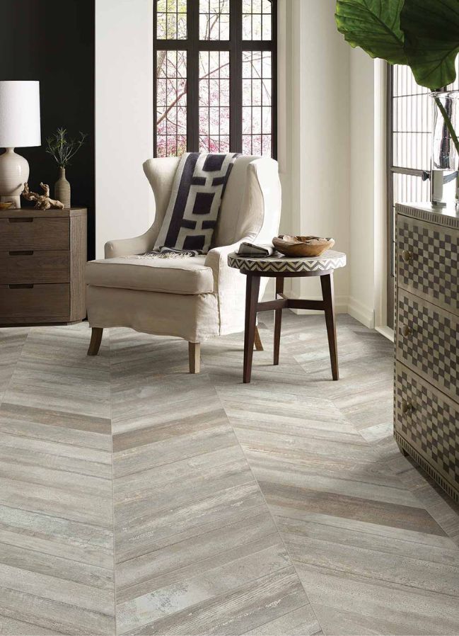 wood look tile floors in a Columbia, MO, living room