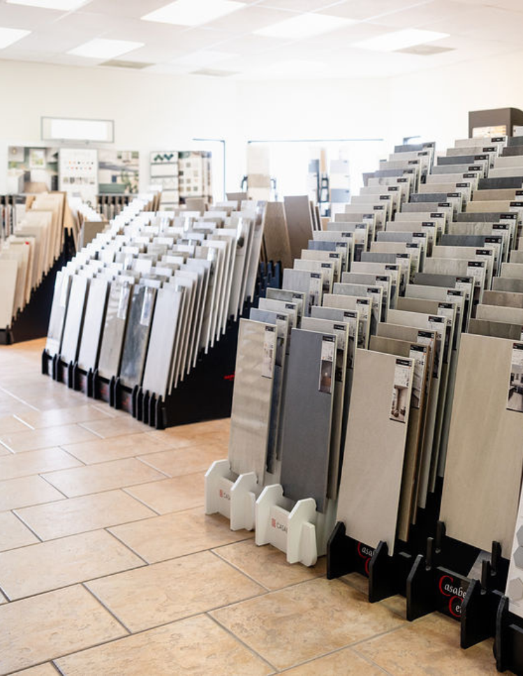 Tile flooring samples in showroom.